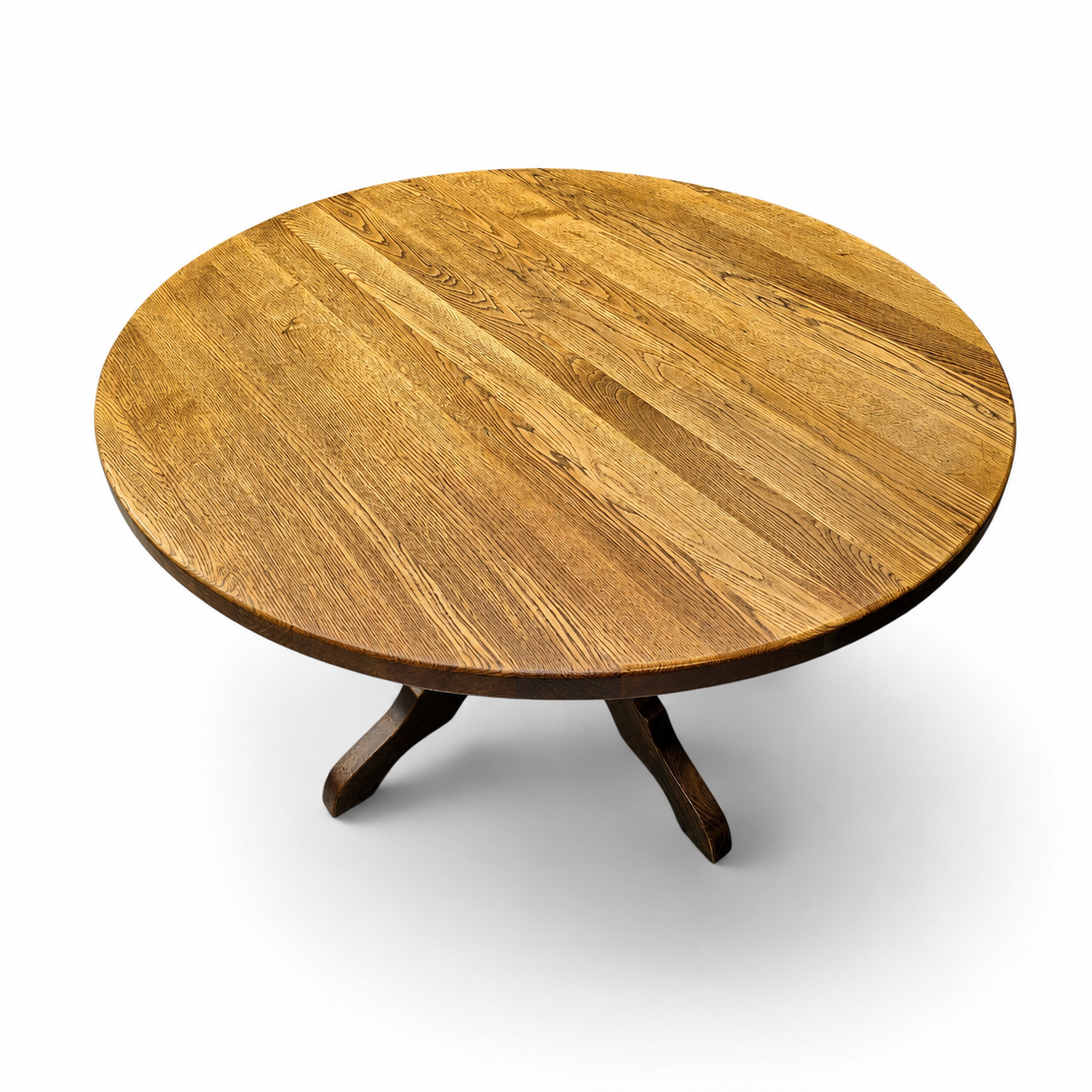 solid oak dining table / also known as a monastery table / with a sturdy central pedestal / Its heavy-duty construction