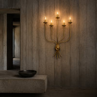Large 5-arm metal brass painted wall sconce or candlestick featuring a sleek, minimalist mid-century design