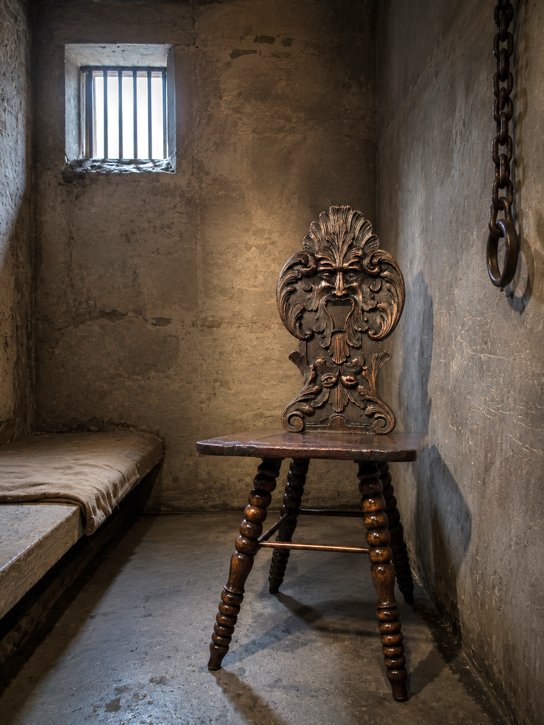 Swiss Alpine Hall / Side chair / Fratzenstuhl / Hardwood chair on turned legs and a carved backrest in the form of a mask / 1930s