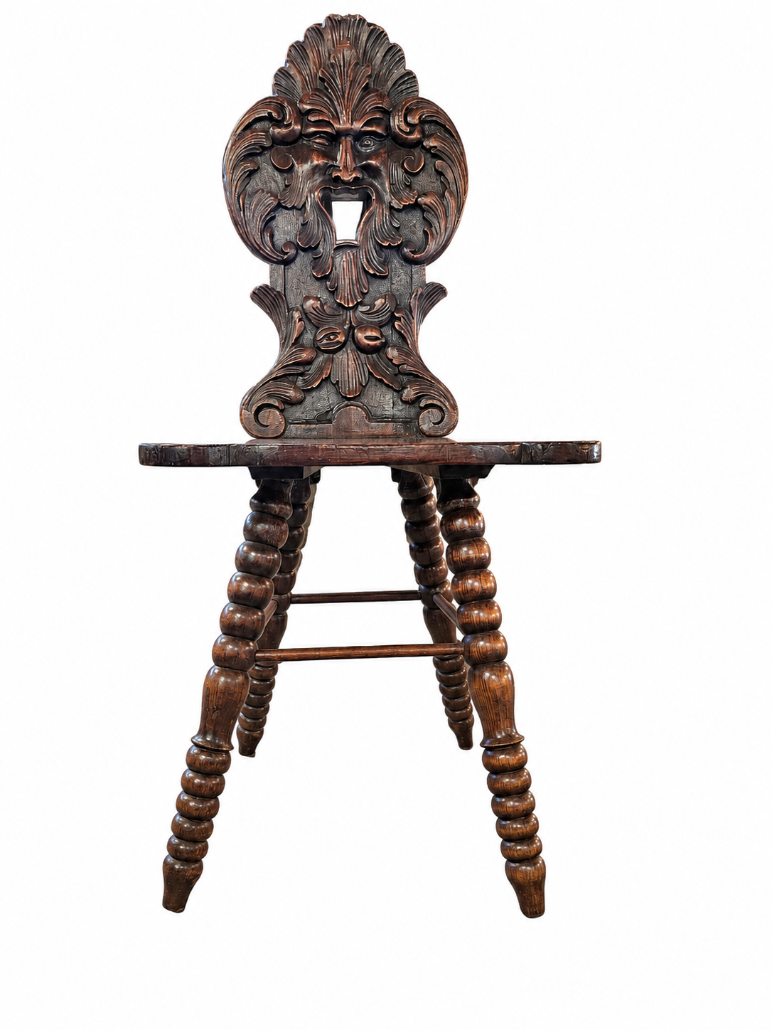 Swiss Alpine Hall / Side chair / Fratzenstuhl / Hardwood chair on turned legs and a carved backrest in the form of a mask / 1930s