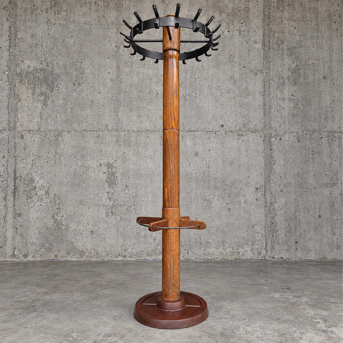 Weighty freestanding oak wood coat rack from a Viennese coffee house / 1950s