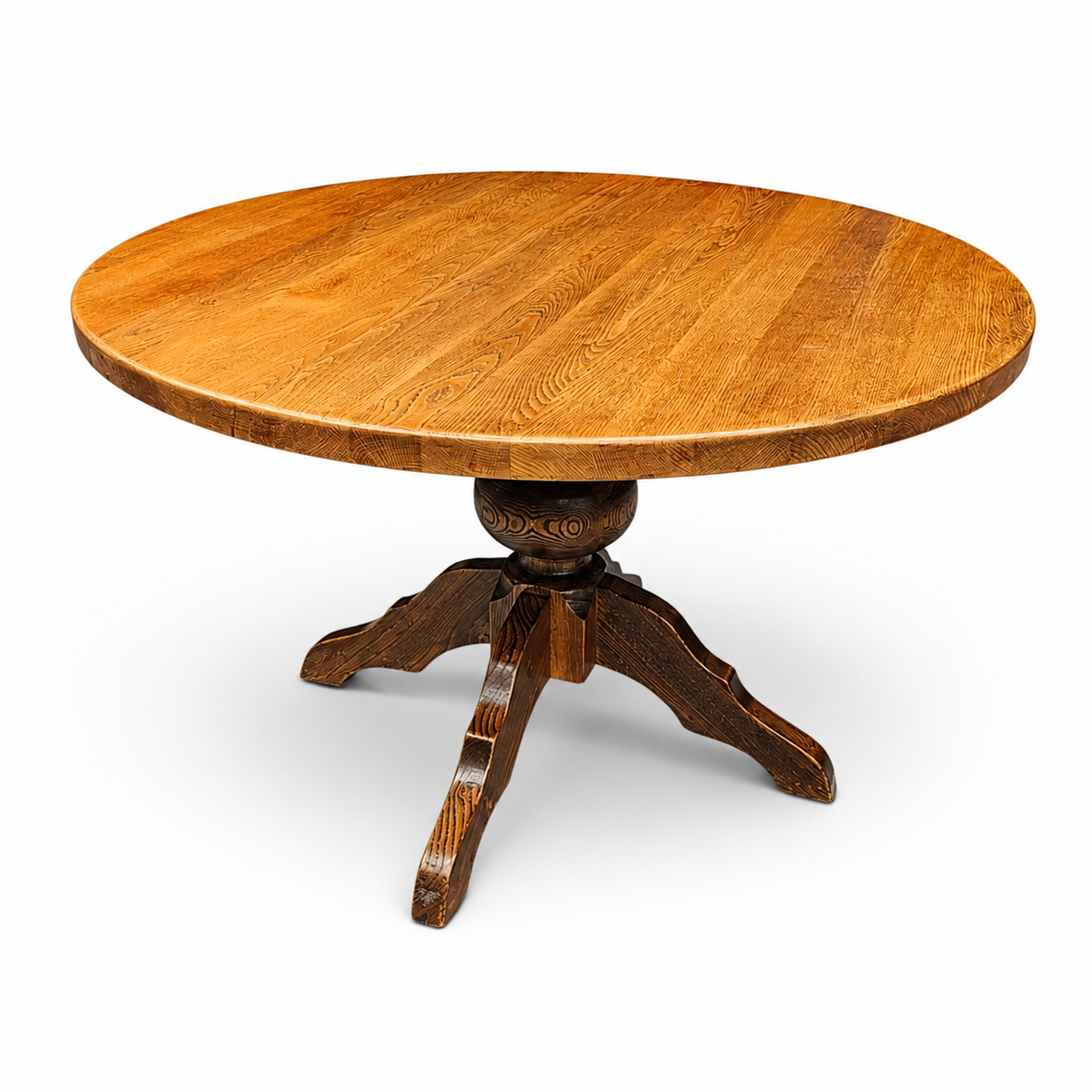 solid oak dining table / also known as a monastery table / with a sturdy central pedestal / Its heavy-duty construction