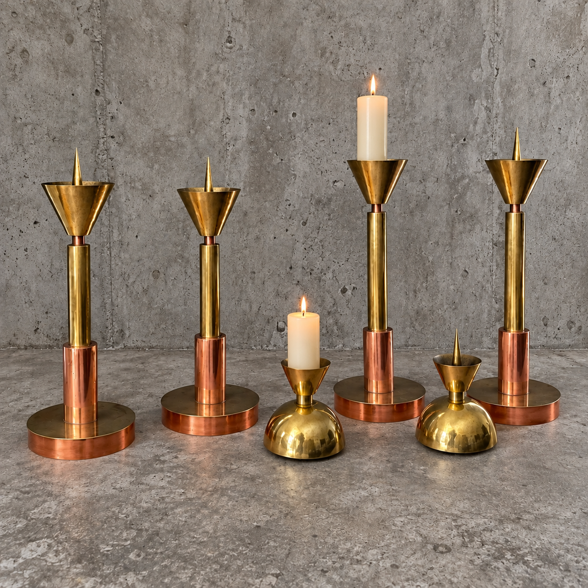 4 x Large / weighty postmodern candles / 1970s / two heights 60 - 70 cm / copper - brass