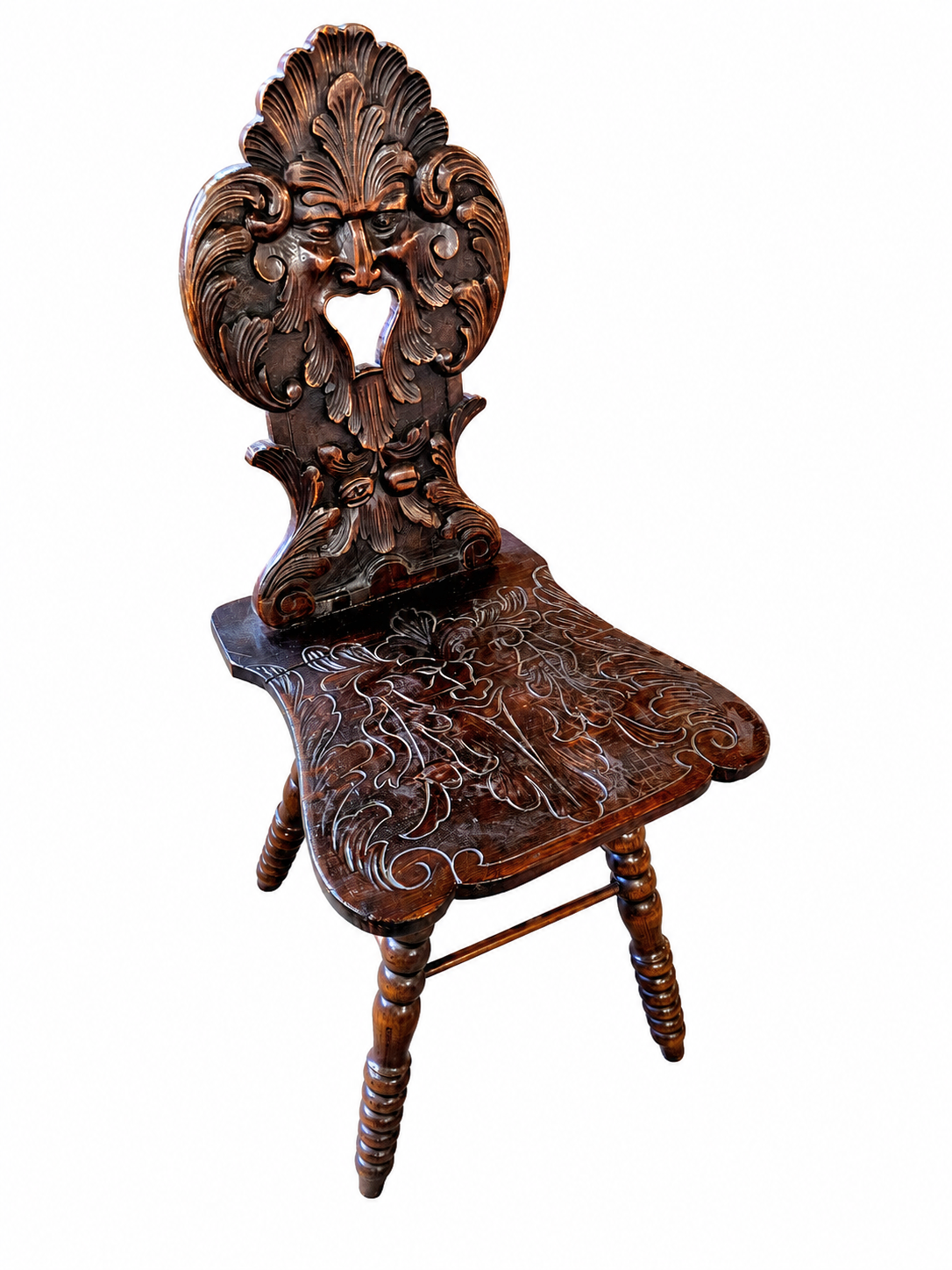 Swiss Alpine Hall / Side chair / Fratzenstuhl / Hardwood chair on turned legs and a carved backrest in the form of a mask / 1930s
