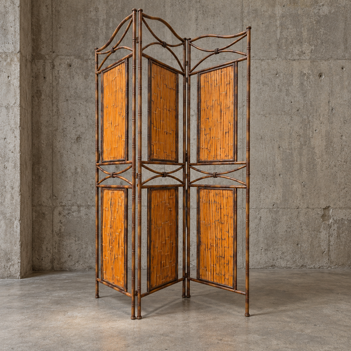 Faux bamboo metal room divider with bamboo panels / 1980s