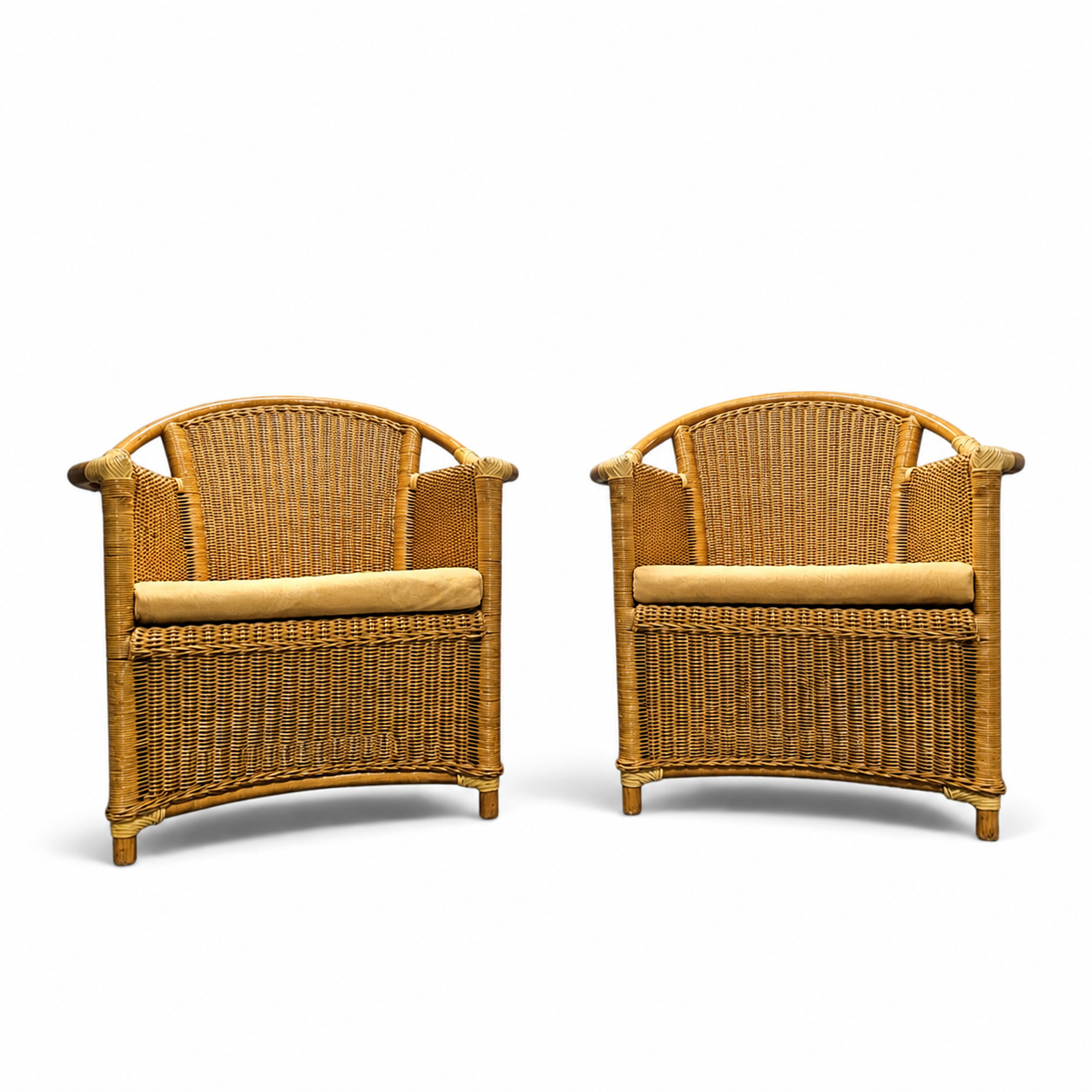 2 x Wicker and Bamboo Patio Chair / 1980s / Faux suede / Alcantara