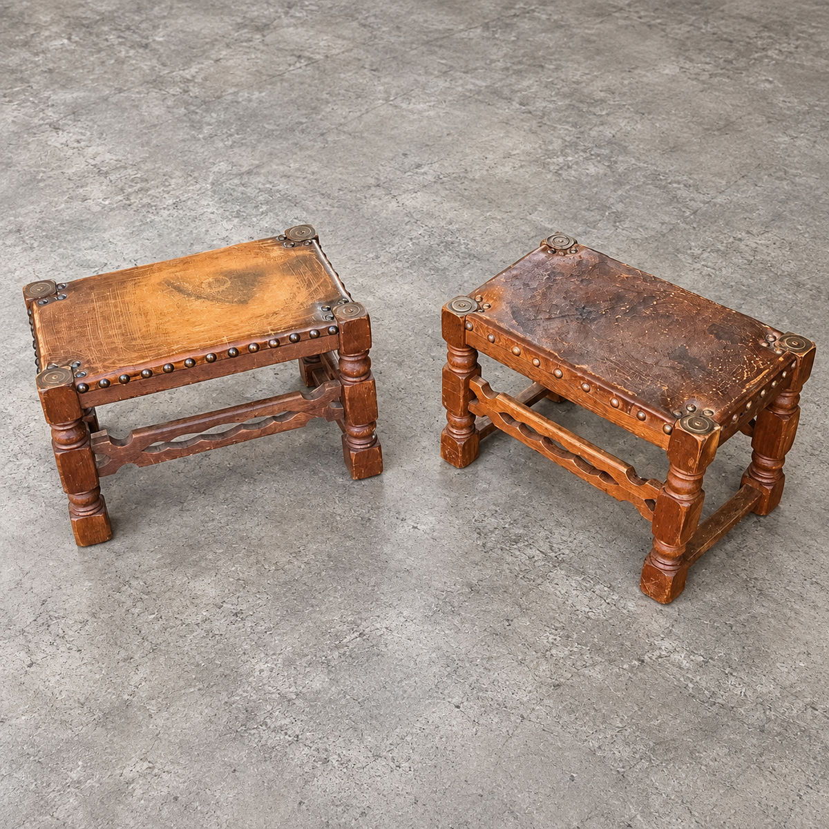 2 x Spanish footstool / wood leather / medieval-style / 1920s /