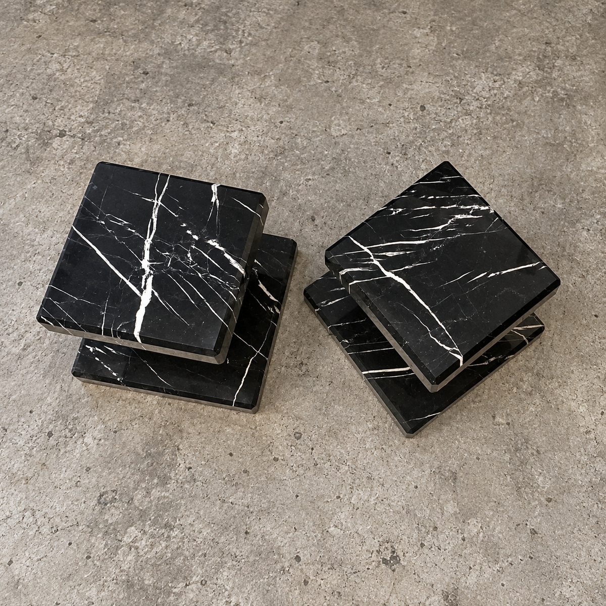 2 x Black Nero Marquina marble column / minimalist side table or pedestal / height 30 cm