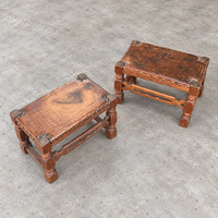 2 x Spanish footstool / wood leather / medieval-style / 1920s /