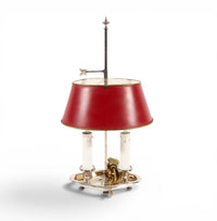 Nickel-plated Bouillotte lamp with 2 candle holders and red tin shade / mid century