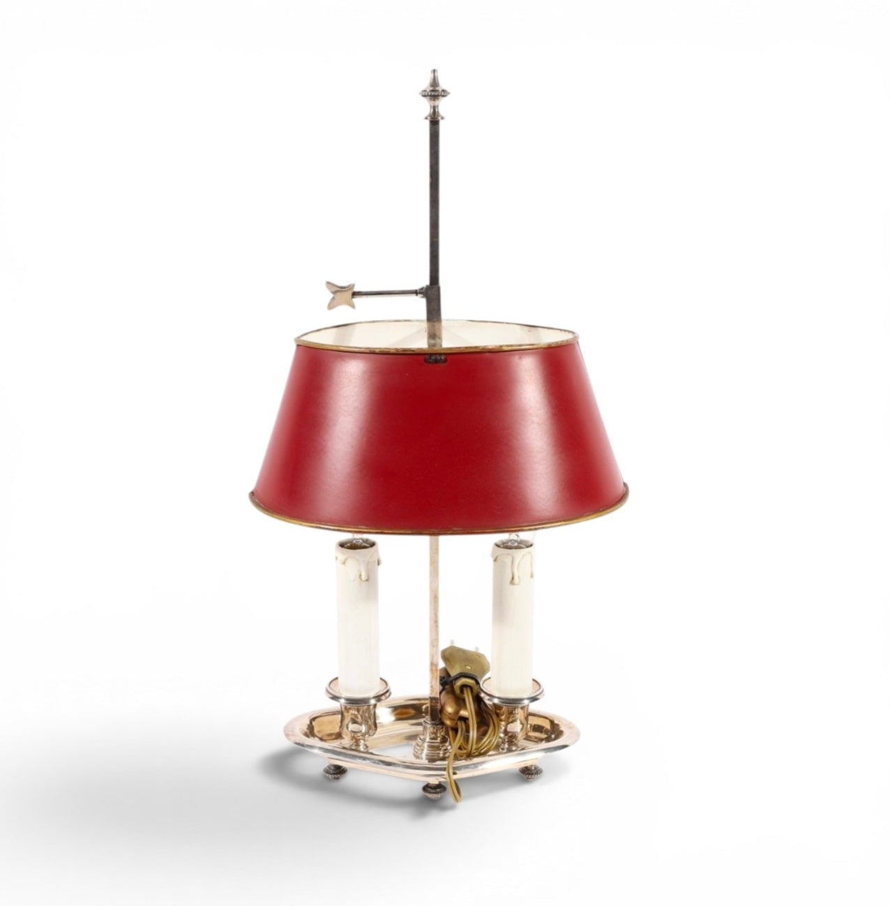 Nickel-plated Bouillotte lamp with 2 candle holders and red tin shade / mid century