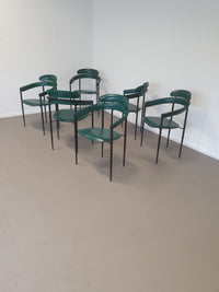 Set van zes zeldzame groene leren stiletto stoelen van Arrben met zwart frame