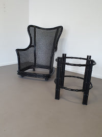 Prachtige Giorgetti wingback loungeset van imitatiebamboe wicker uit de jaren 70.