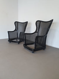 Prachtige Giorgetti wingback loungeset van imitatiebamboe wicker uit de jaren 70.