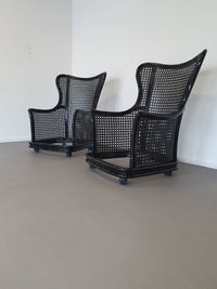 Prachtige Giorgetti wingback loungeset van imitatiebamboe wicker uit de jaren 70.