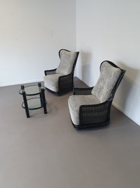 Prachtige Giorgetti wingback loungeset van imitatiebamboe wicker uit de jaren 70.